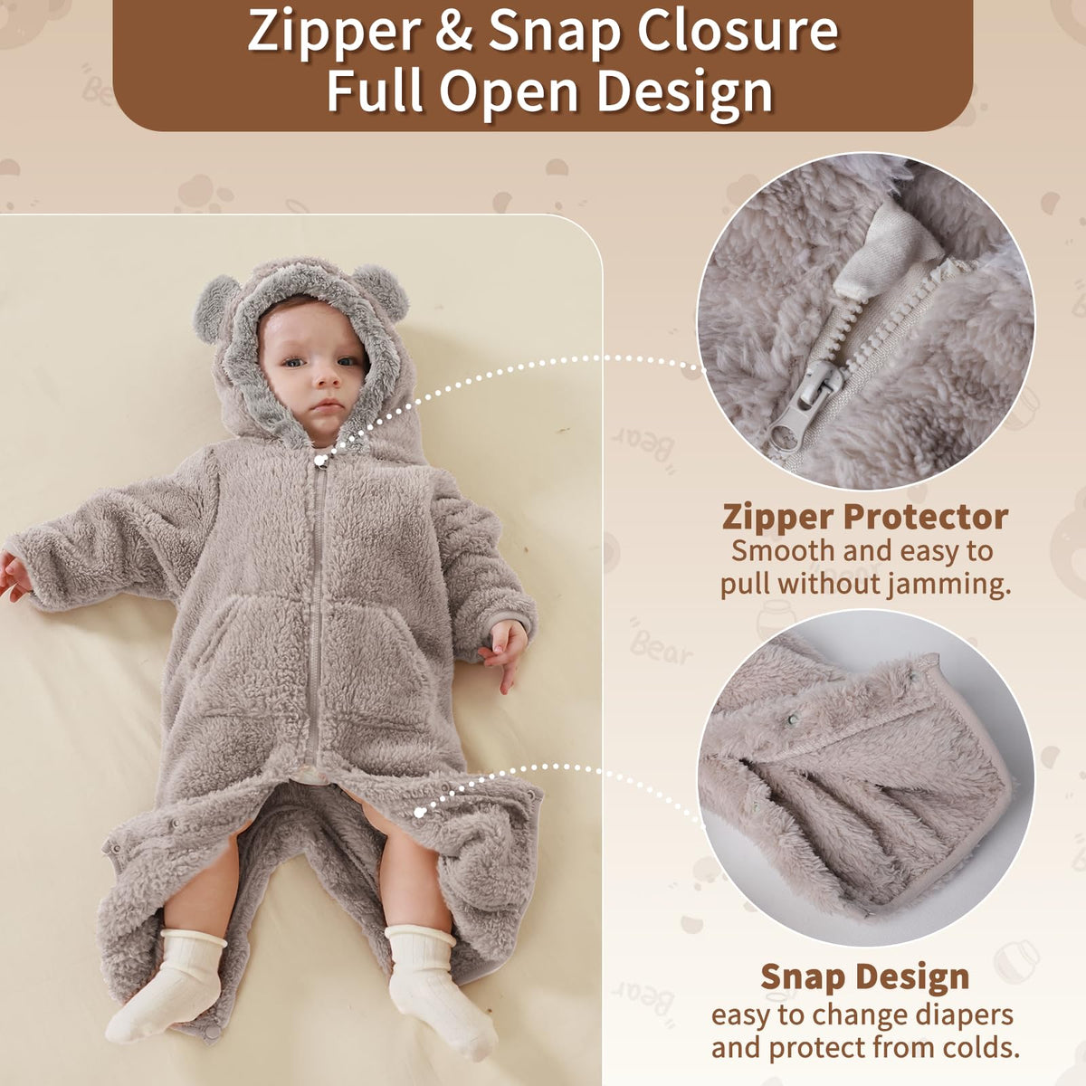 AiWMGL Newborn Baby Bear Outfit Suit With Fold-Over Mittens Footies Girls Boys Winter Fleece Clothes Hooded Romper Snowsuit