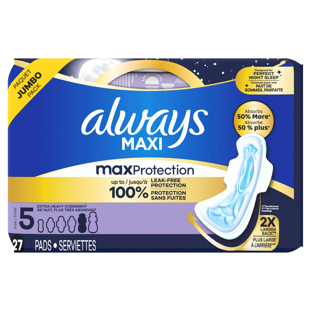 Always Maxi Overnight Pads with Wings for Women, Size 5, Extra Heavy Overnight Absorbency, Unscented, 36 Count