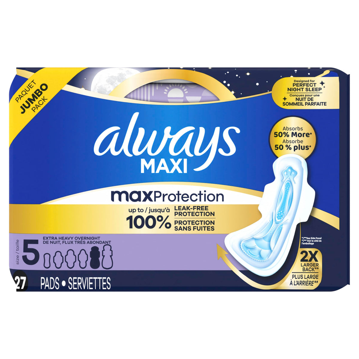 Always Maxi Overnight Pads with Wings for Women, Size 5, Extra Heavy Overnight Absorbency, Unscented, 36 Count
