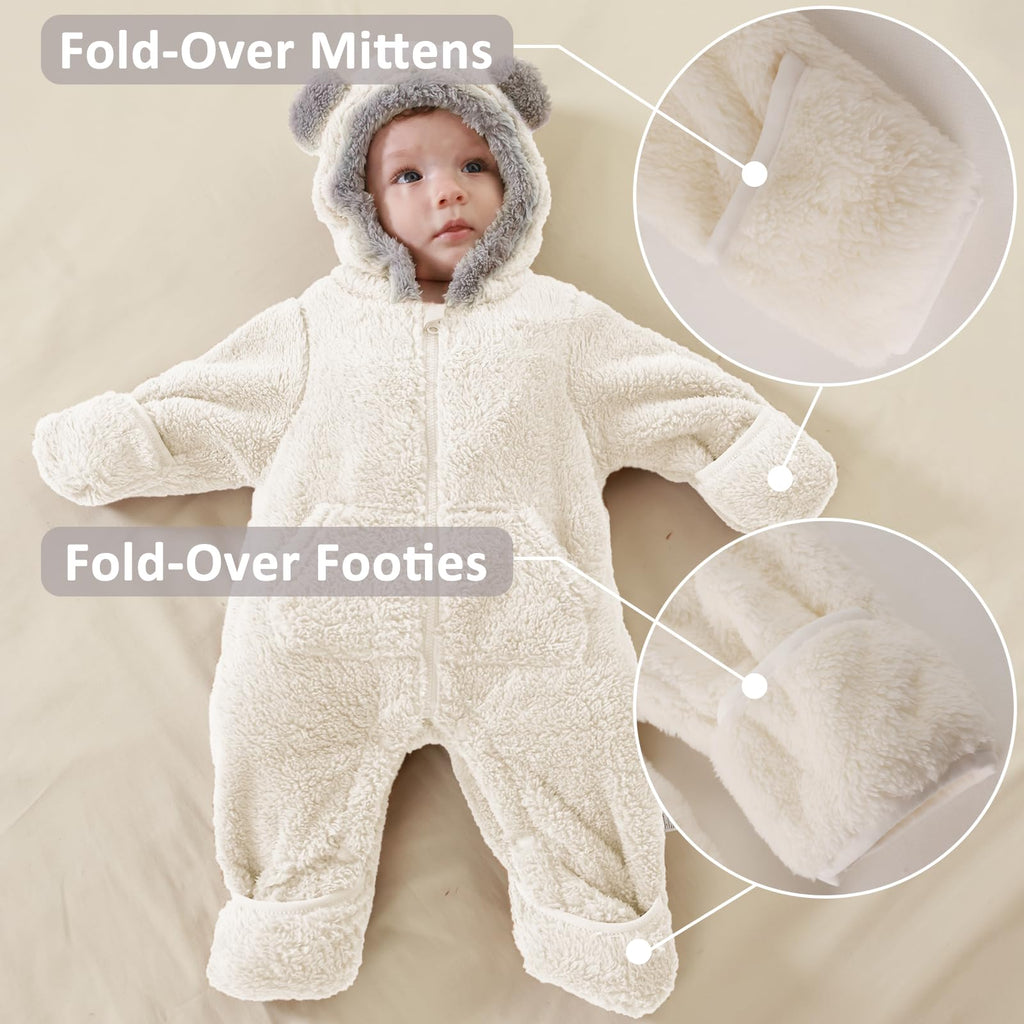 AiWMGL Newborn Baby Bear Outfit Suit With Fold-Over Mittens Footies Girls Boys Winter Fleece Clothes Hooded Romper Snowsuit
