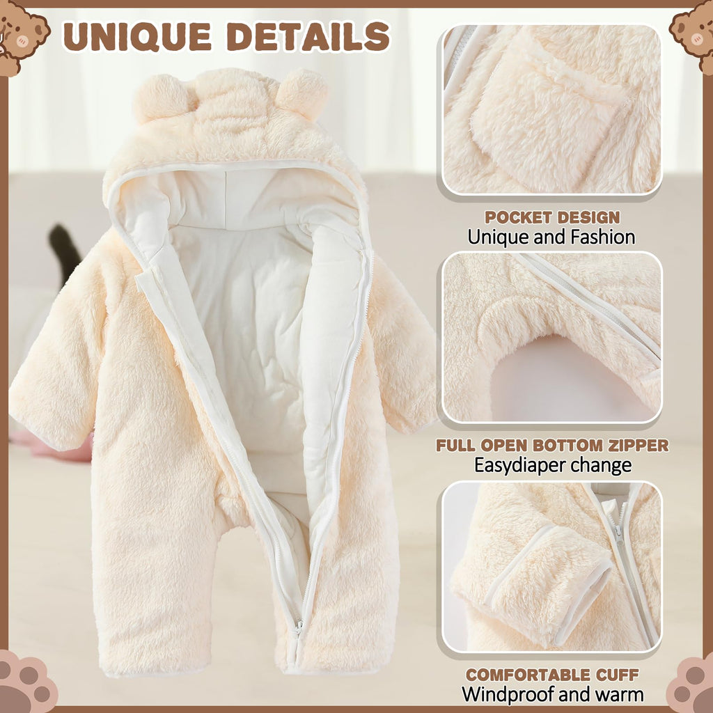 AiWMGL Newborn Baby Bear Outfit With Fold-Over Mittens and Footies Girls Boys Winter Fleece Clothes Hooded Romper Snowsuit