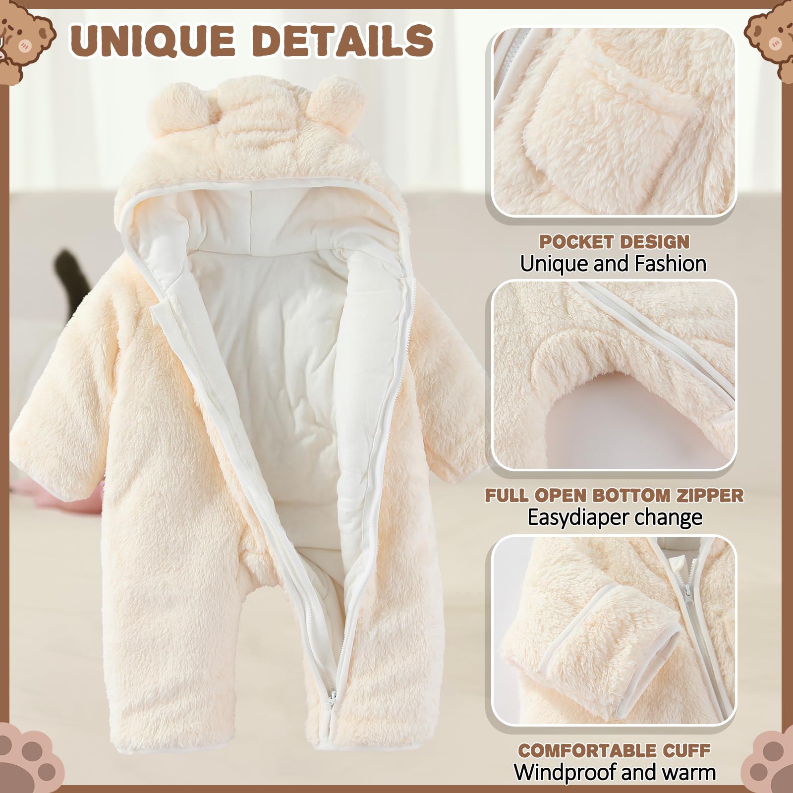 AiWMGL Newborn Baby Bear Outfit With Fold-Over Mittens and Footies Girls Boys Winter Fleece Clothes Hooded Romper Snowsuit