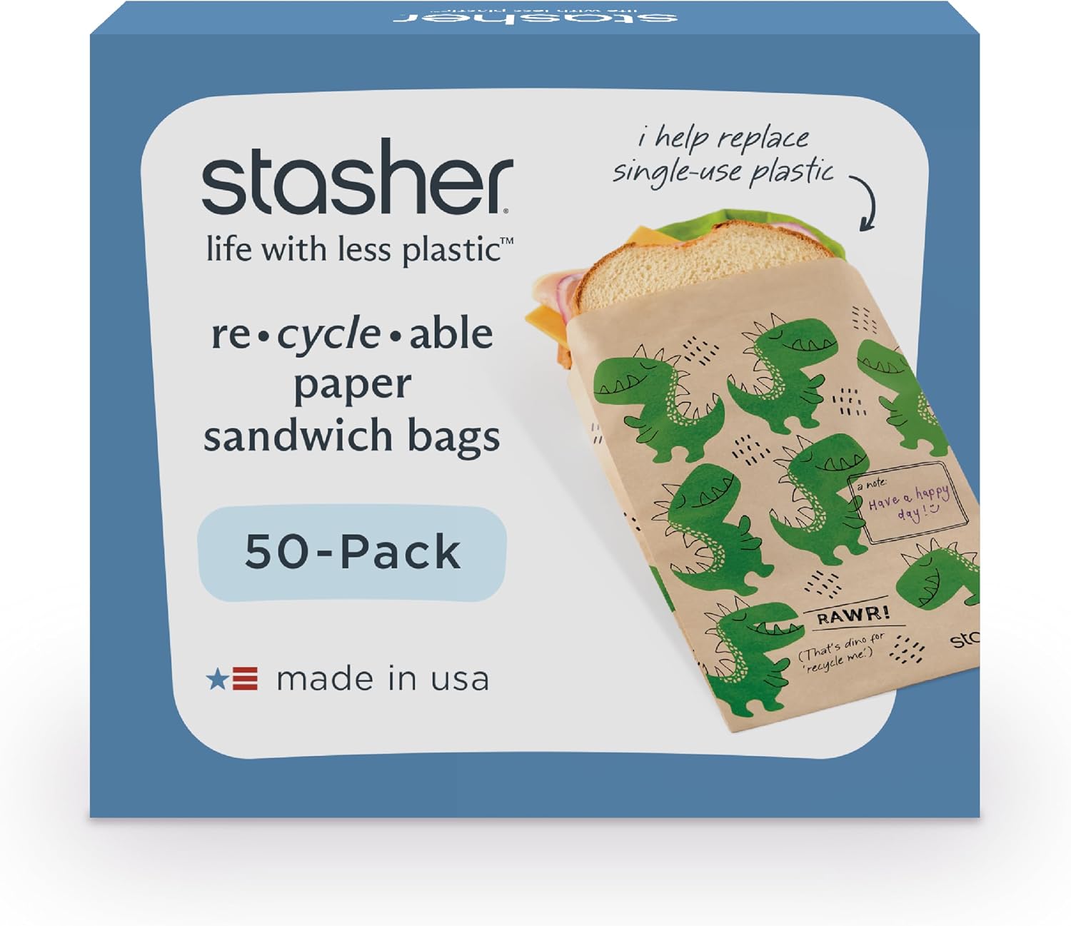 Stasher Recyclable Sealable Paper Sandwich Bags for Kids, 50 ct, Dino | Food Storage, Kraft Paper, Brown Paper Bags, FSC Certified, Food Safe, Eco-friendly, Snacks, Expandable, Made in the USA