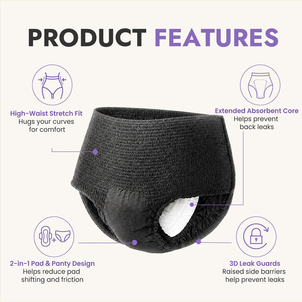 MOLLIS Disposable Period Underwear, Postpartum Panties, L/XL, Black, 8Ct