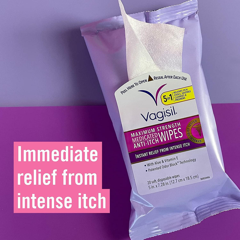 VAGISIL Anti-Itch Medicated Feminine Wipes, Max Strength, 20 Wipes (1 Pack)