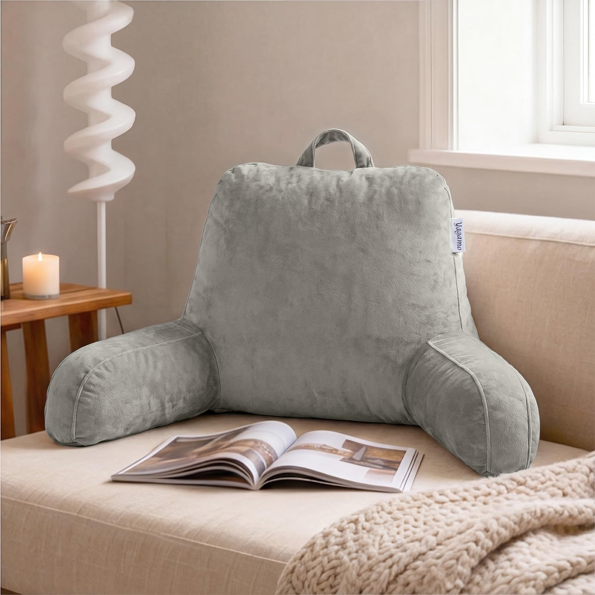 Reading Pillow with Adjustable Memory Foam,Adult Backrest with Arms, Back Pillow for Sitting in Bed with Washable Cover- Large, Gray