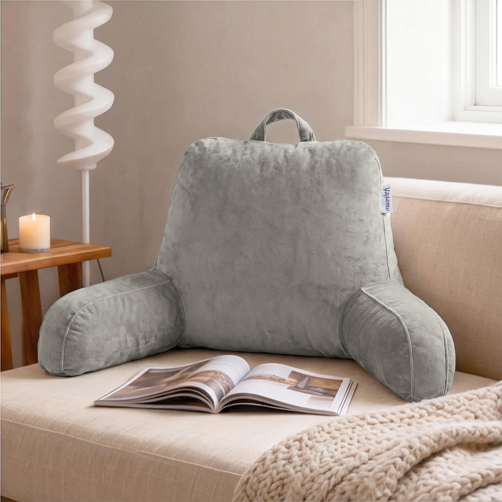 Reading Pillow with Adjustable Memory Foam,Adult Backrest with Arms, Back Pillow for Sitting in Bed with Washable Cover- Large, Gray
