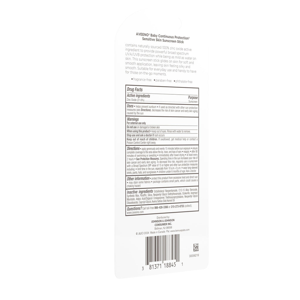 Aveeno Baby Continuous Protection Mineral Sunscreen Stick for Sensitive Skin with Broad Spectrum SPF 50 Protection for Face & Body, Naturally Sourced 100% Zinc Oxide, Travel Size, 0.47 oz
