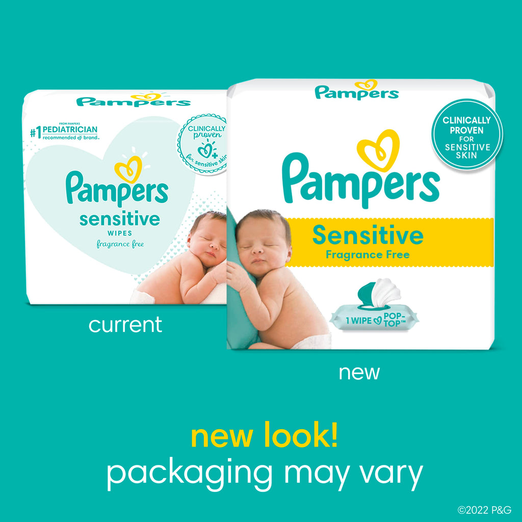 Pampers Sensitive Baby Wipes, Clinically Proven, Fragrance Free, Unscented, Water Based, Hypoallergenic, Multi-Use, Hand Wipes 504 Wipes Total (6X Flip-Top Packs) [Packaging May Vary]