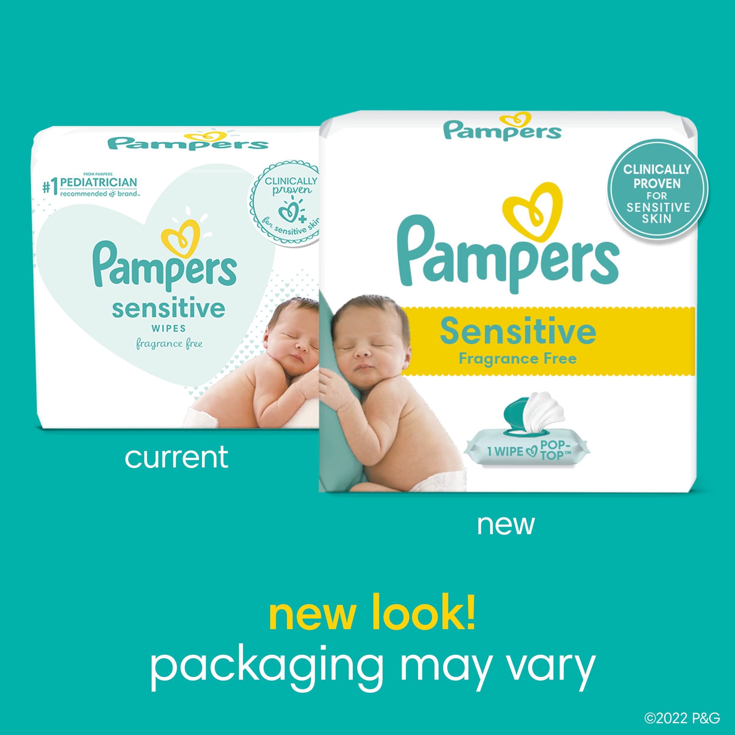 Pampers Sensitive Baby Wipes, Clinically Proven, Fragrance Free, Unscented, Water Based, Hypoallergenic, Multi-Use, Hand Wipes 504 Wipes Total (6X Flip-Top Packs) [Packaging May Vary]