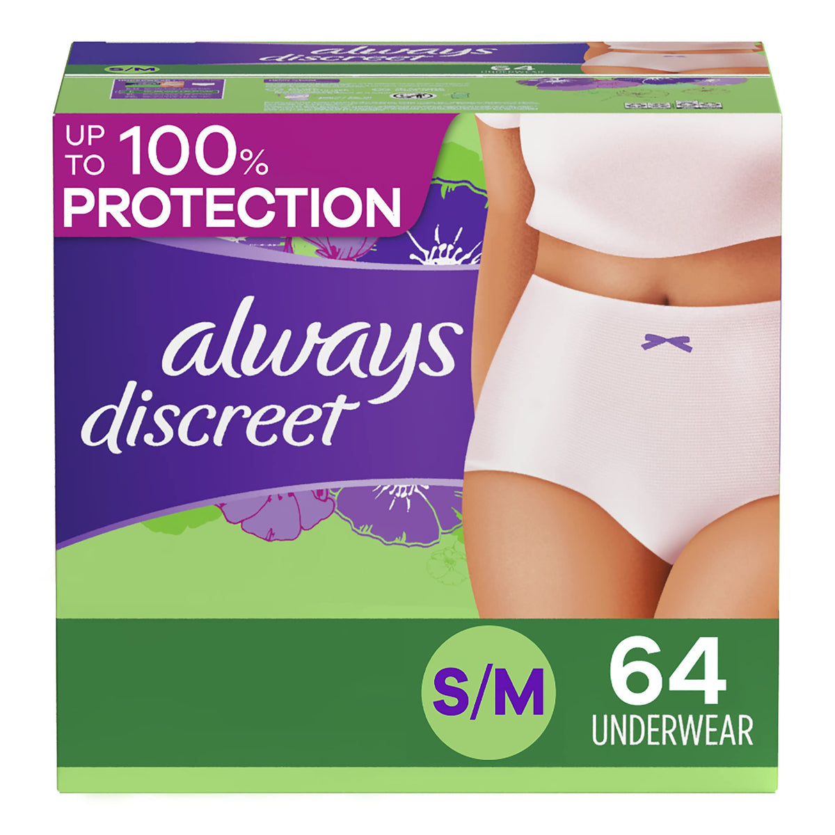 Always Discreet Adult Diapers for Women, Incontinence Underwear, Postpartum Essentials, Disposable Briefs, Max Absorbency, Bladder Leak Protection, Small/Medium, 32ct