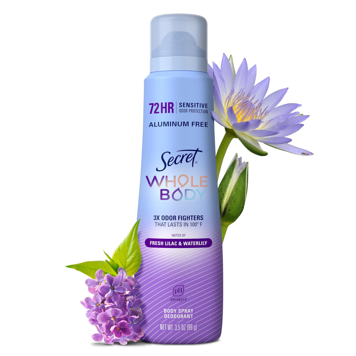 Secret Aluminum Free Whole Body Deodorant Spray for Women, 72hr Sensitive Freshness & Odor Defense, PH Balanced, Invisible Protection, Safe to Use Everywhere, Peach & Vanilla Blossom Scent, 3.5 oz