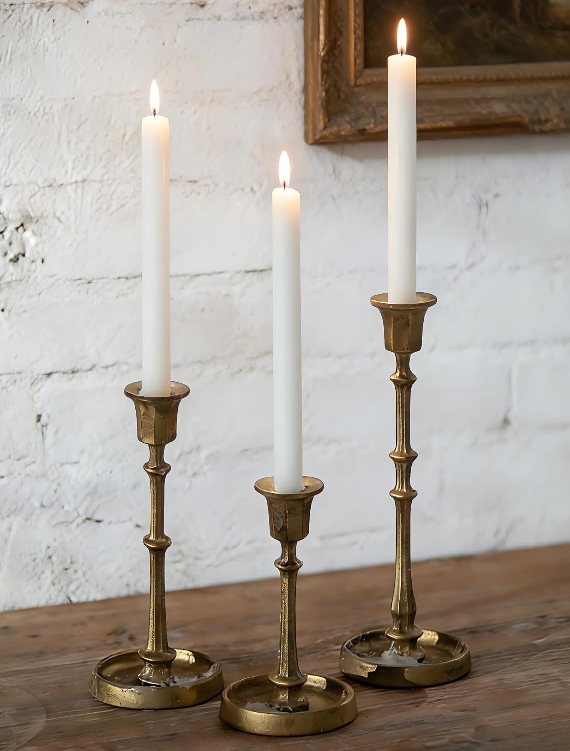 NUPTIO Cast Iron Taper Candle Holders, Set of 3 Antique Brass Candlesticks | Heavy Construction, Vintage Texture, Stable Candle Base, Fireplace Mantel, Table Decor