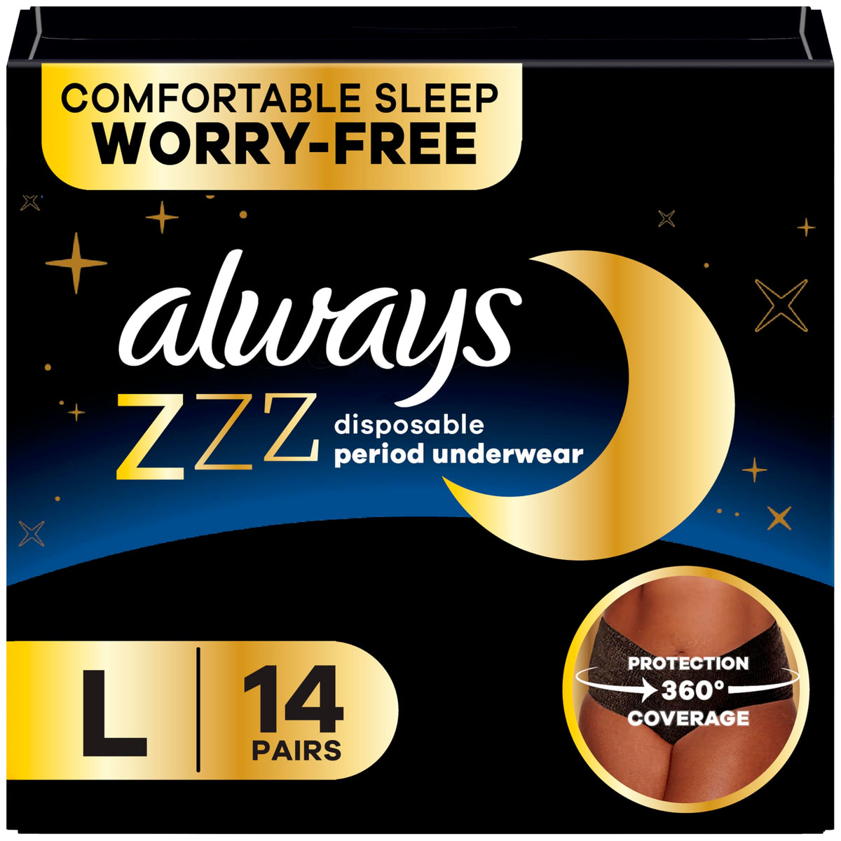 Always ZZZ Overnight Disposable Period Underwear for Women Extra Large/2LX, 360° Coverage for Worry-Free Nights, 14 Count (2 Packs of 7)