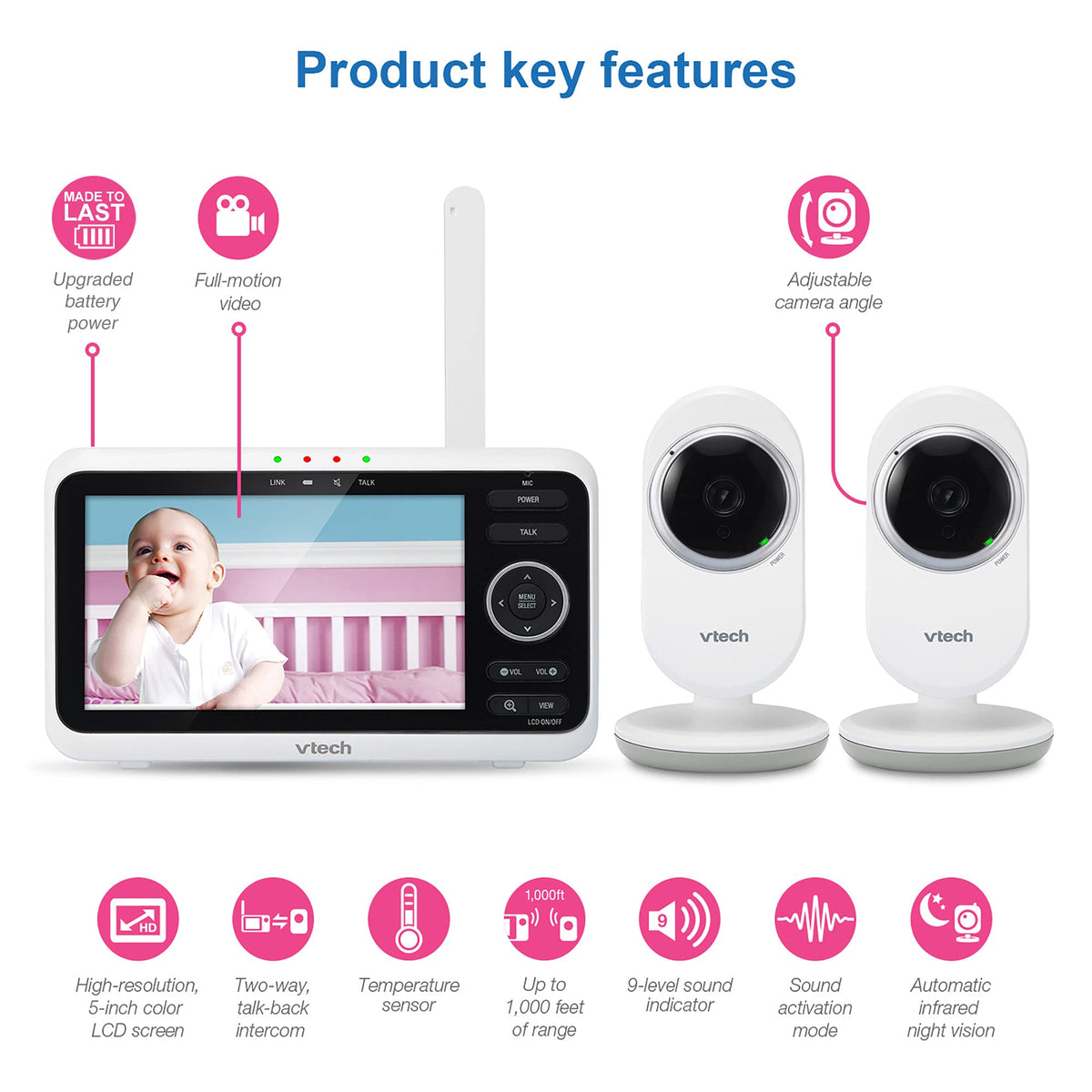 VTech Baby Monitor No WiFi – 19Hr Video Battery, 1000ft Range, Night Vision, Two-Way Talk, Temperature Sensor, Sound-Activated Screen, Lullabies | VM819