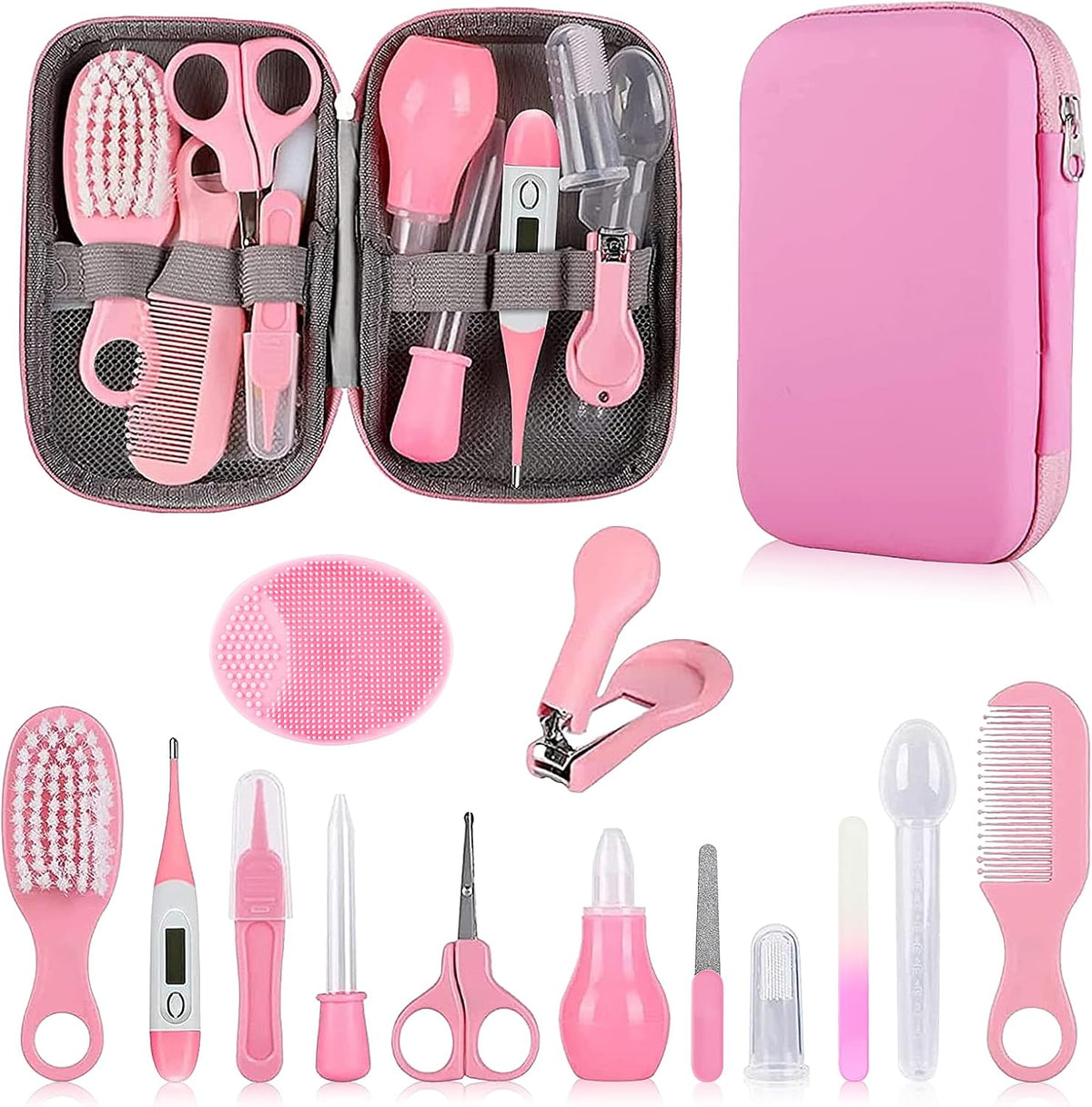 Baby Grooming Kit – Infant Safety Care Set with Hair Brush, Comb, Nail Clipper & Nasal Aspirator, Newborn Essentials (Pink)