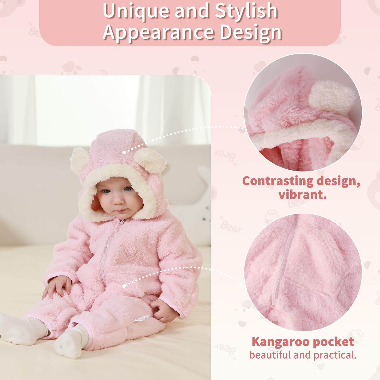 AiWMGL Newborn Baby Bear Outfit Suit With Fold-Over Mittens Footies Girls Boys Winter Fleece Clothes Hooded Romper Snowsuit