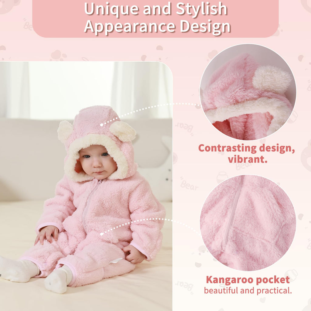AiWMGL Newborn Baby Bear Outfit Suit With Fold-Over Mittens Footies Girls Boys Winter Fleece Clothes Hooded Romper Snowsuit