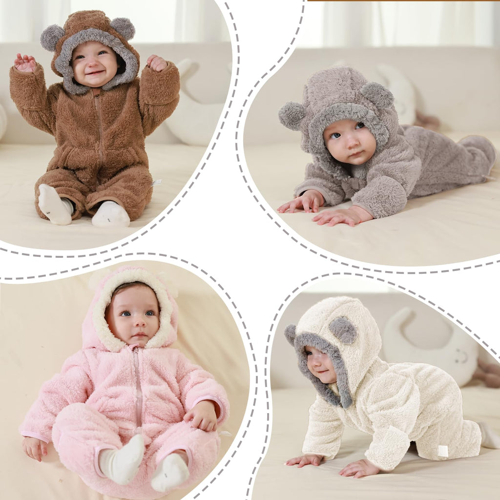 AiWMGL Newborn Baby Bear Outfit Suit With Fold-Over Mittens Footies Girls Boys Winter Fleece Clothes Hooded Romper Snowsuit
