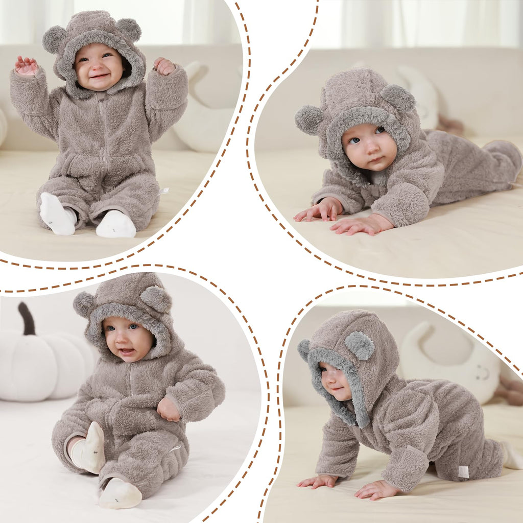 AiWMGL Newborn Baby Bear Outfit Suit With Fold-Over Mittens Footies Girls Boys Winter Fleece Clothes Hooded Romper Snowsuit