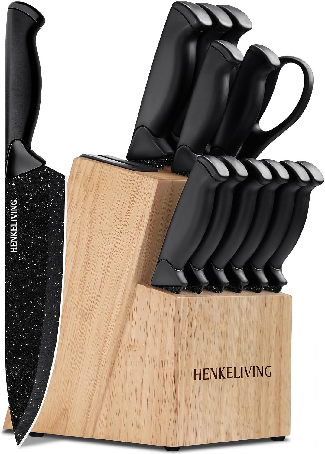 14-Piece Black Kitchen Knife Block Set with Built-In Sharpener | German high-carbon stainless steel blades, dishwasher safe, ultra-sharp edges, ergonomic non-slip handles