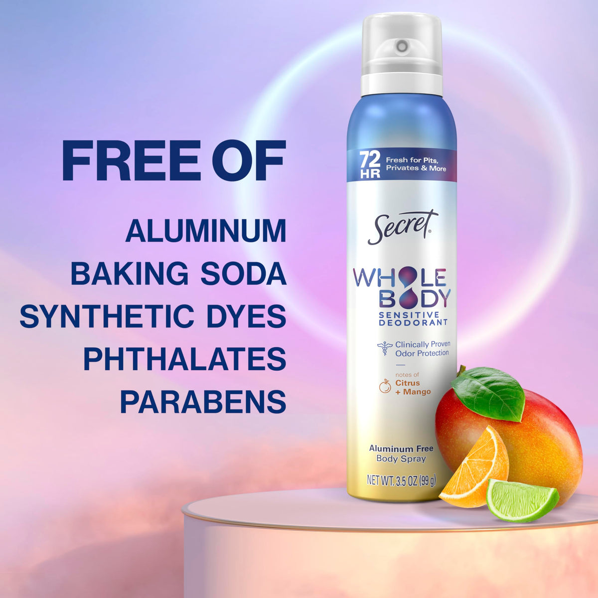 Secret Aluminum Free Whole Body Deodorant Spray for Women, 72hr Sensitive Freshness & Odor Defense, PH Balanced, Invisible Protection, Safe to Use Everywhere, Peach & Vanilla Blossom Scent, 3.5 oz