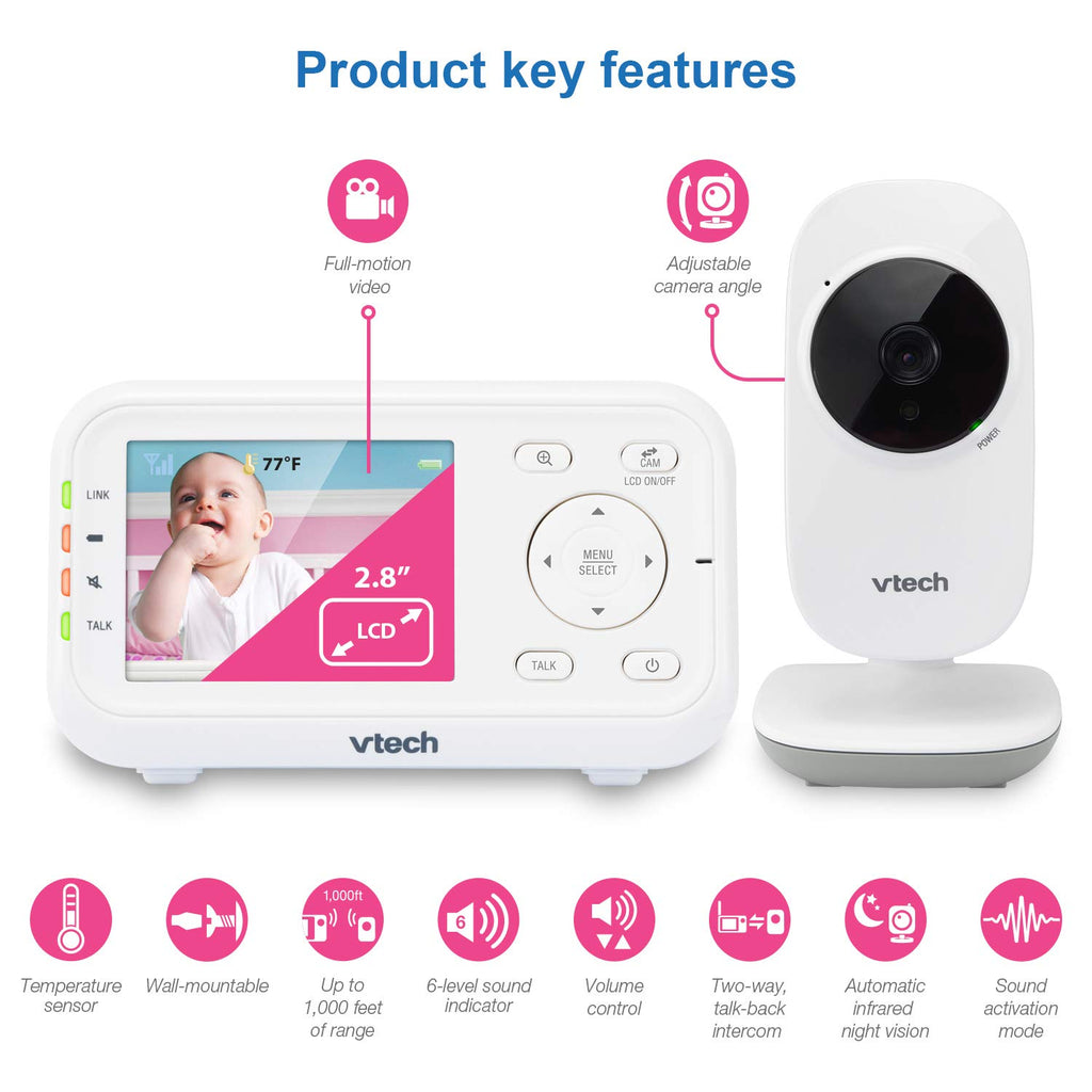 VTech Baby Monitor No WiFi – 19Hr Video Battery, 1000ft Range, Night Vision, Two-Way Talk, Temperature Sensor, Sound-Activated Screen, Lullabies | VM819