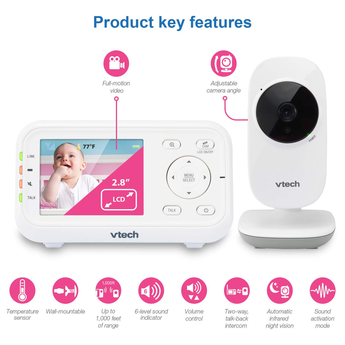 VTech Baby Monitor No WiFi – 19Hr Video Battery, 1000ft Range, Night Vision, Two-Way Talk, Temperature Sensor, Sound-Activated Screen, Lullabies | VM819