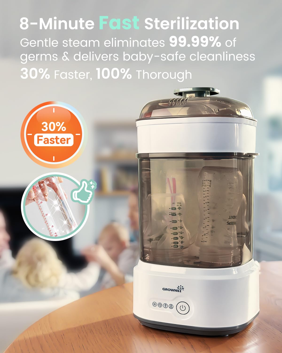 Grownsy Compact Baby Bottle Sterilizer and Dryer with Fast Sanitization