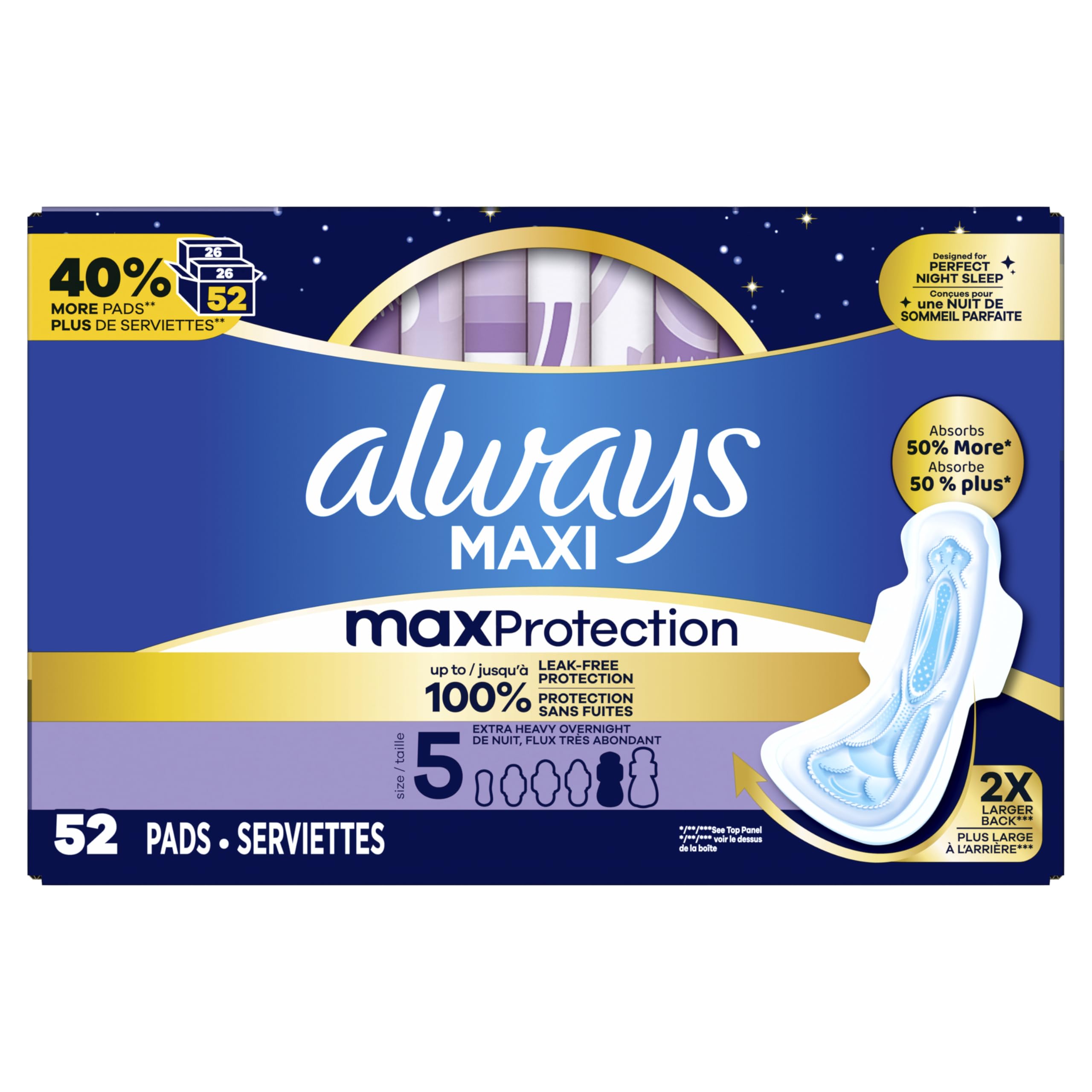 Always Maxi Overnight Pads with Wings for Women, Size 5, Extra Heavy Overnight Absorbency, Unscented, 36 Count