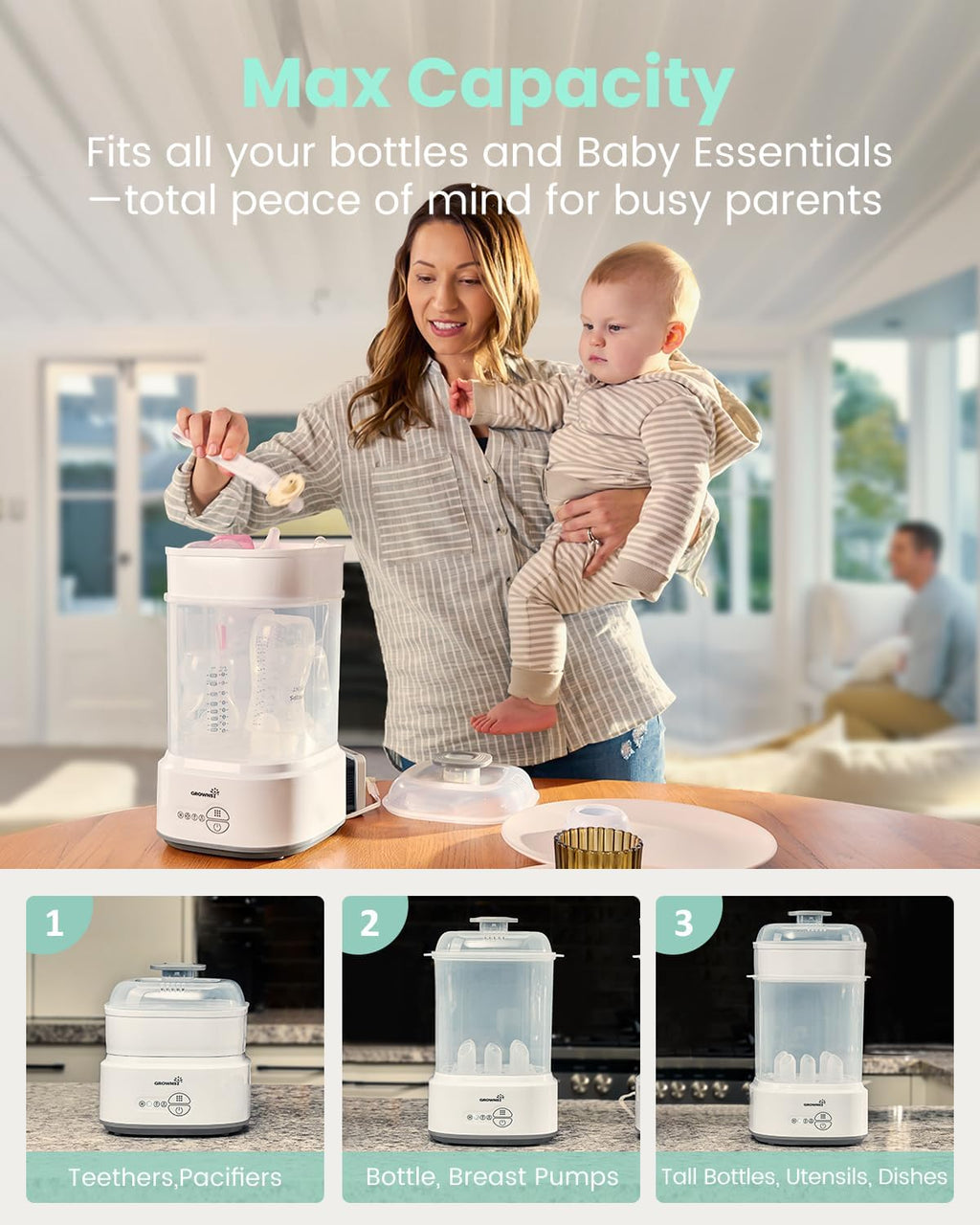 Grownsy Compact Baby Bottle Sterilizer and Dryer with Fast Sanitization