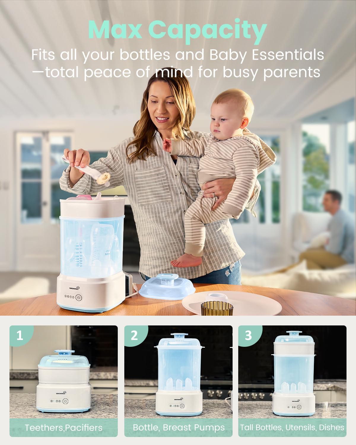 Grownsy Compact Baby Bottle Sterilizer and Dryer with Fast Sanitization