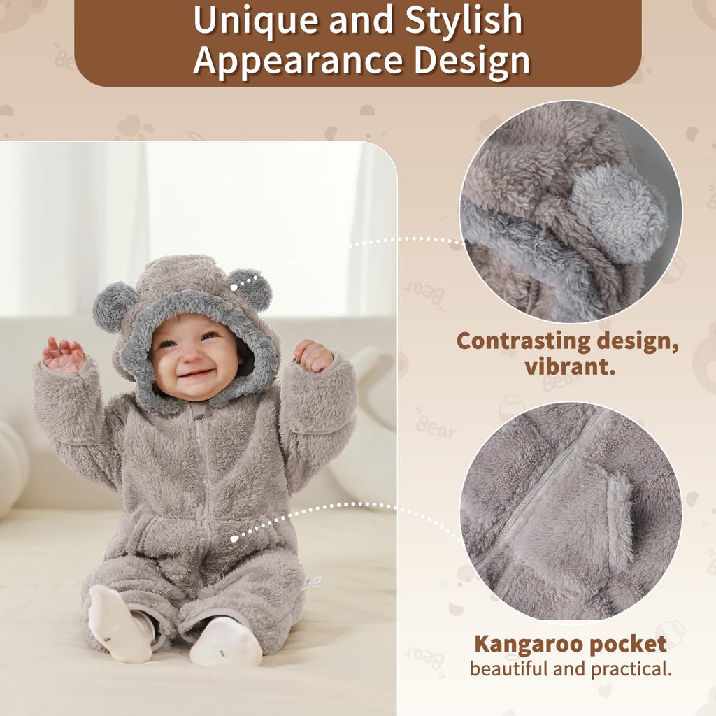 AiWMGL Newborn Baby Bear Outfit Suit With Fold-Over Mittens Footies Girls Boys Winter Fleece Clothes Hooded Romper Snowsuit