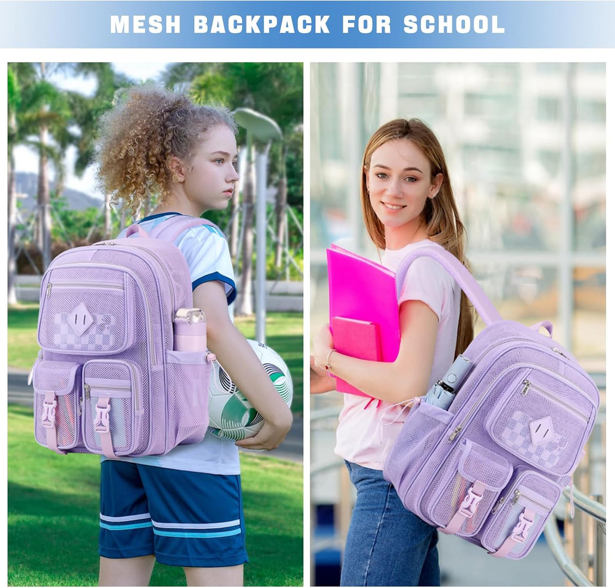 MOONBABY Mesh Backpack for School Heavy Duty See Through Net Bookbag Girls Boys Semi-Transparent Net Back Pack for Beach, Swimming, Sports, Work, Travel (Black)