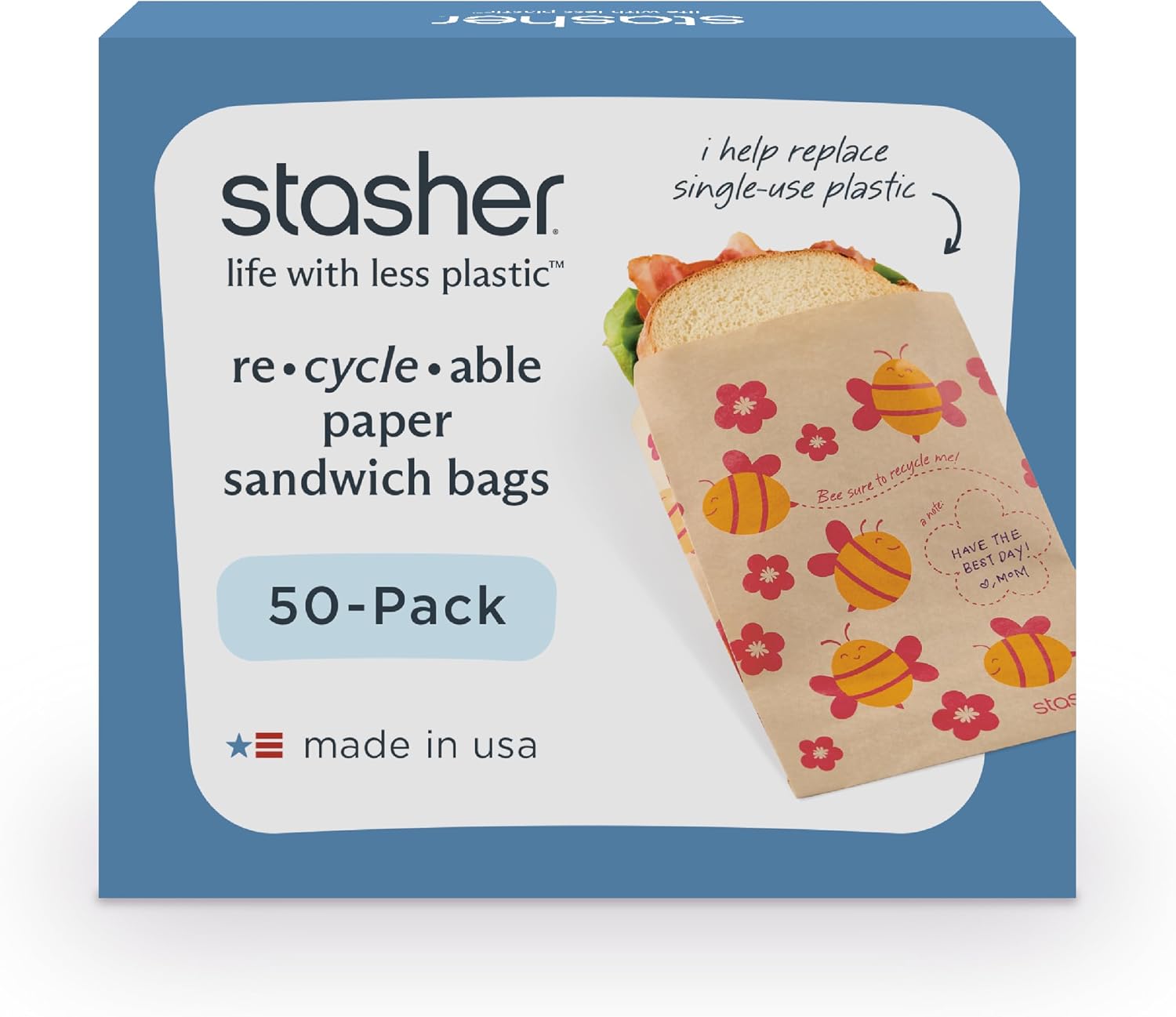 Stasher Recyclable Sealable Paper Sandwich Bags for Kids, 50 ct, Dino | Food Storage, Kraft Paper, Brown Paper Bags, FSC Certified, Food Safe, Eco-friendly, Snacks, Expandable, Made in the USA
