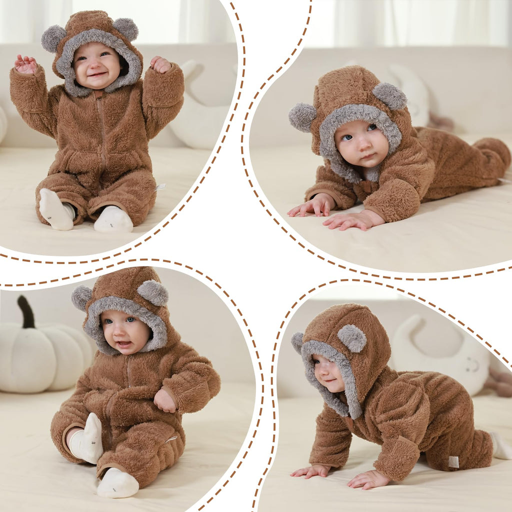AiWMGL Newborn Baby Bear Outfit Suit With Fold-Over Mittens Footies Girls Boys Winter Fleece Clothes Hooded Romper Snowsuit
