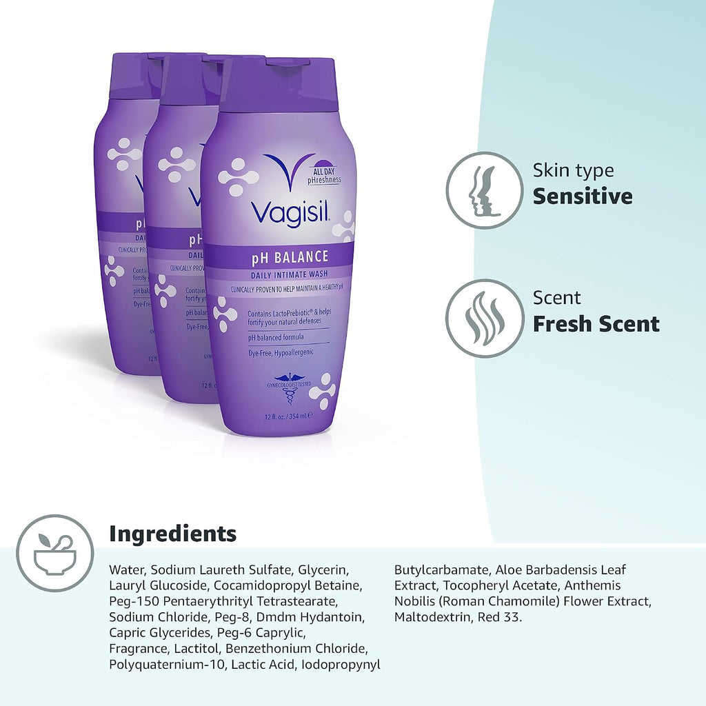 Vagisil pH Balance Feminine Wash, LactoPrebiotic, 12 Fl Oz (3 Pack)