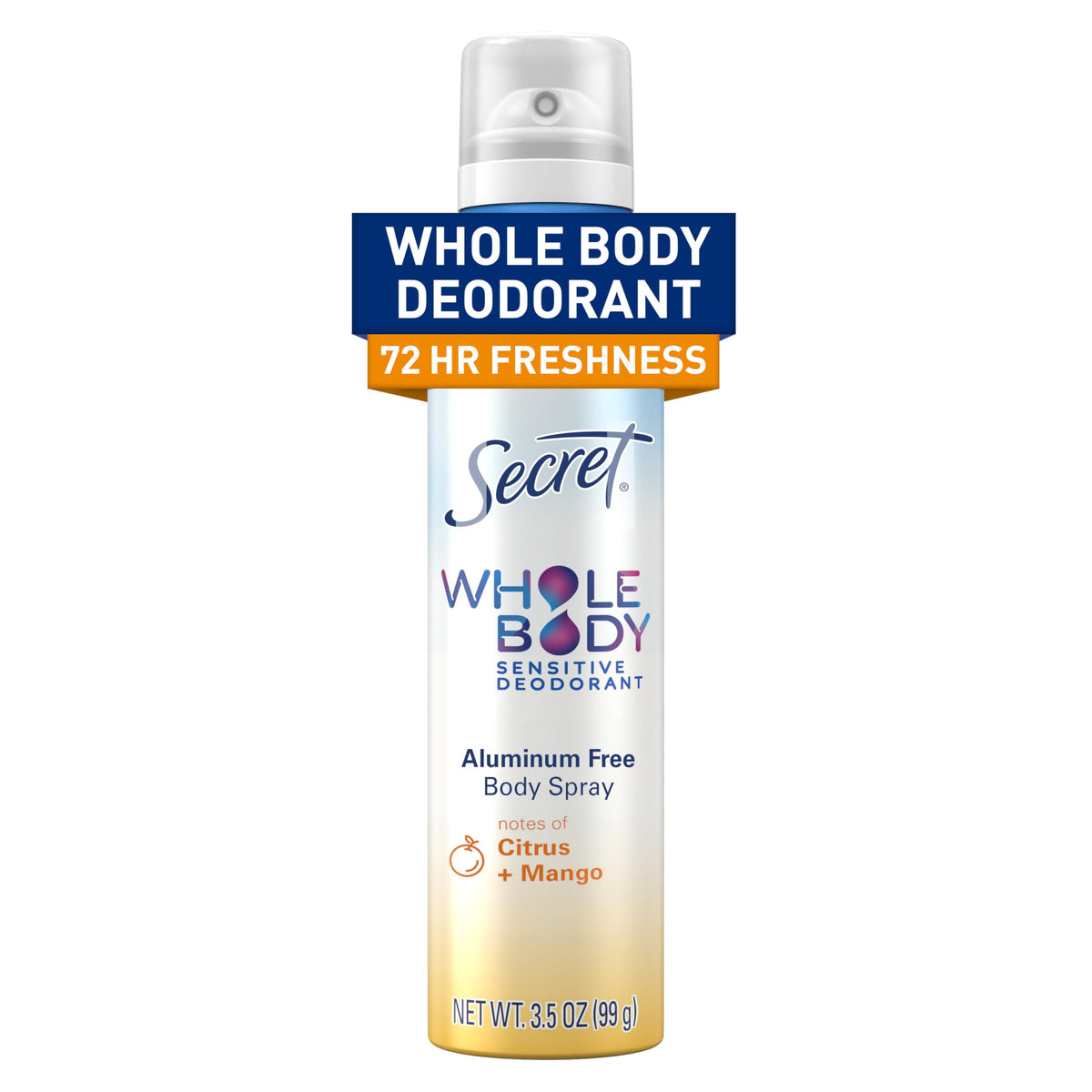 Secret Aluminum Free Whole Body Deodorant Spray for Women, 72hr Sensitive Freshness & Odor Defense, PH Balanced, Invisible Protection, Safe to Use Everywhere, Peach & Vanilla Blossom Scent, 3.5 oz