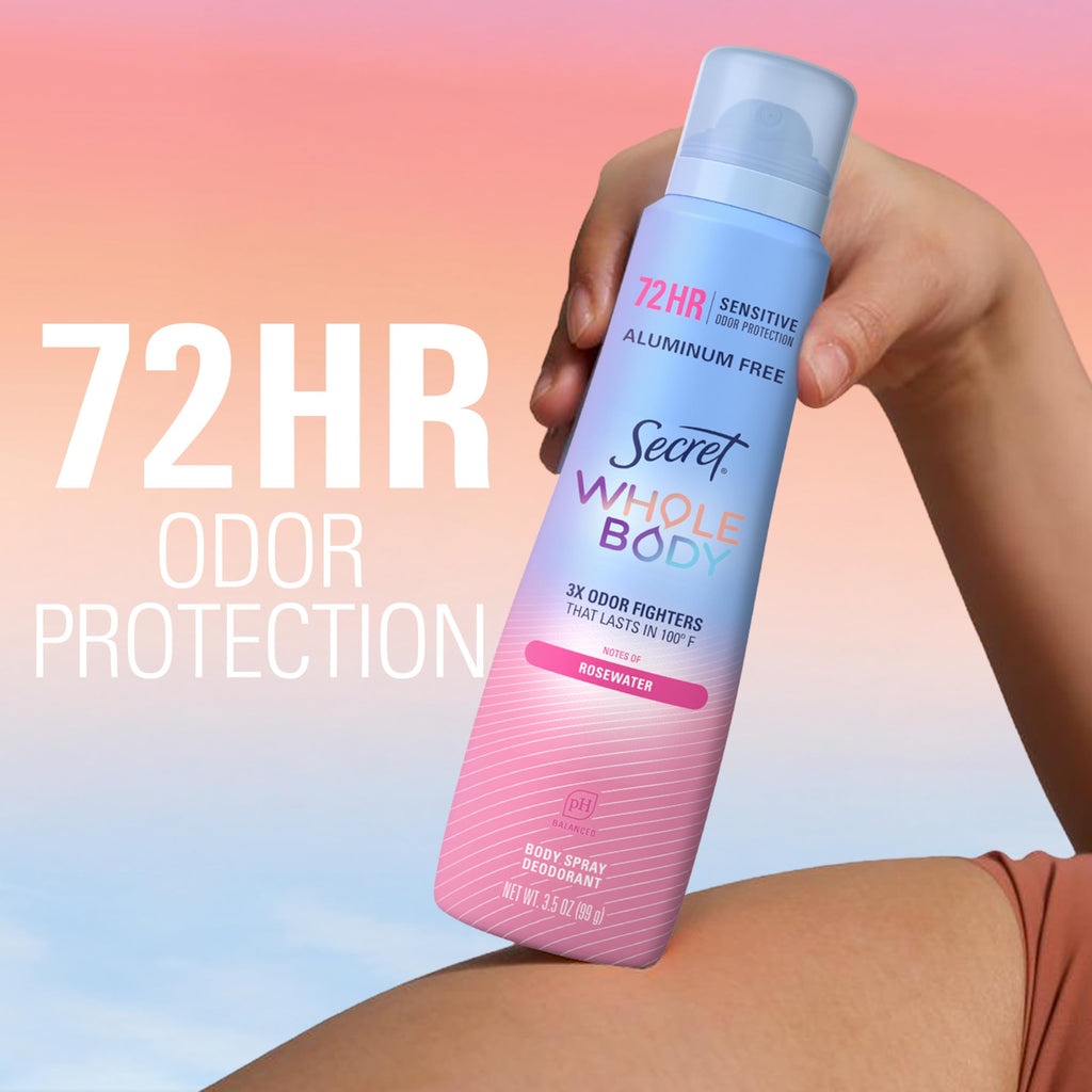 Secret Aluminum Free Whole Body Deodorant Spray for Women, 72hr Sensitive Freshness & Odor Defense, PH Balanced, Invisible Protection, Safe to Use Everywhere, Peach & Vanilla Blossom Scent, 3.5 oz