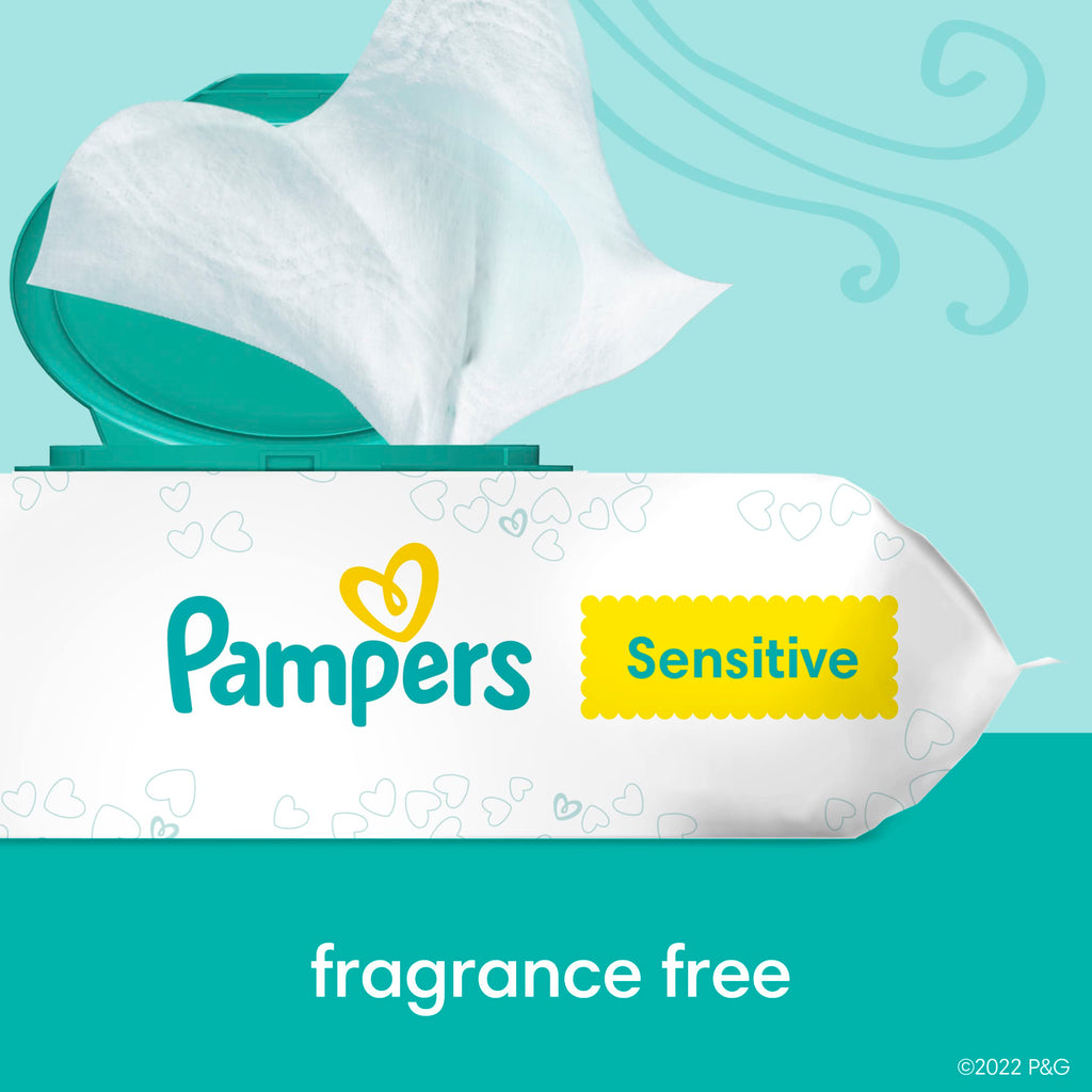 Pampers Sensitive Baby Wipes, Clinically Proven, Fragrance Free, Unscented, Water Based, Hypoallergenic, Multi-Use, Hand Wipes 504 Wipes Total (6X Flip-Top Packs) [Packaging May Vary]