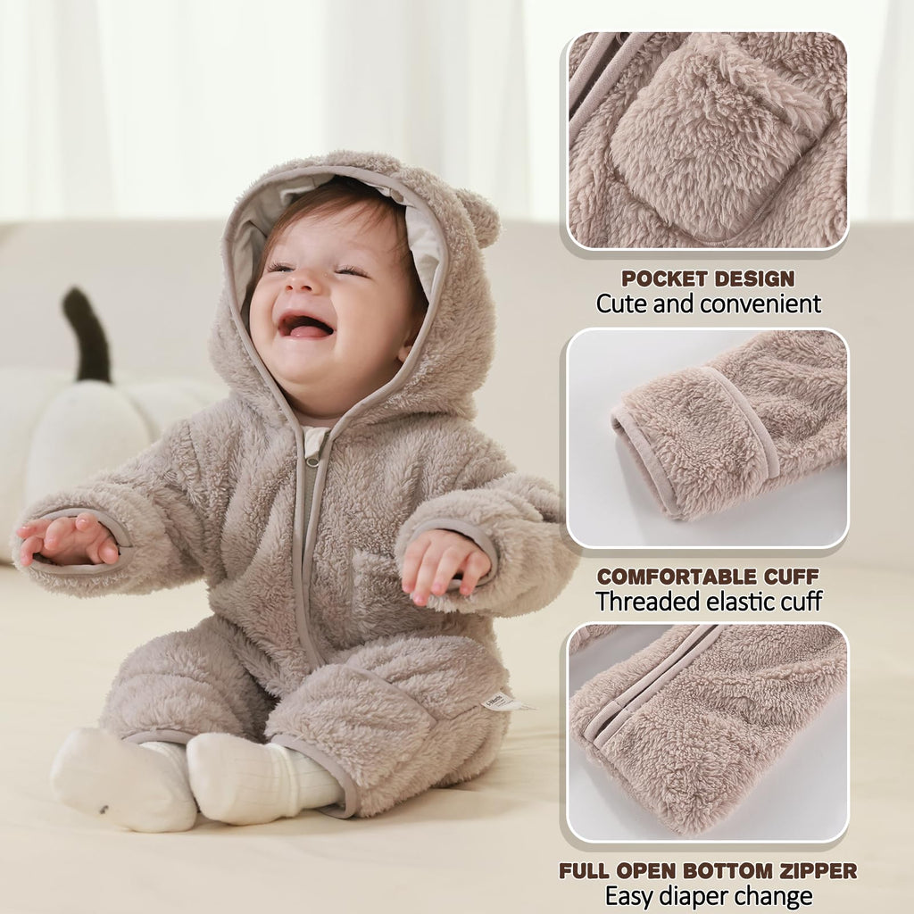 AiWMGL Newborn Baby Bear Outfit With Fold-Over Mittens and Footies Girls Boys Winter Fleece Clothes Hooded Romper Snowsuit