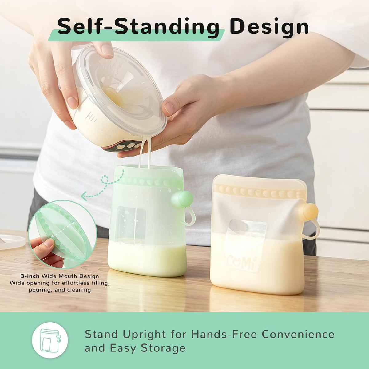 COMI Silicone Breast Milk Storage Bags Reusable, 9oz, BPA Free, 4Green
