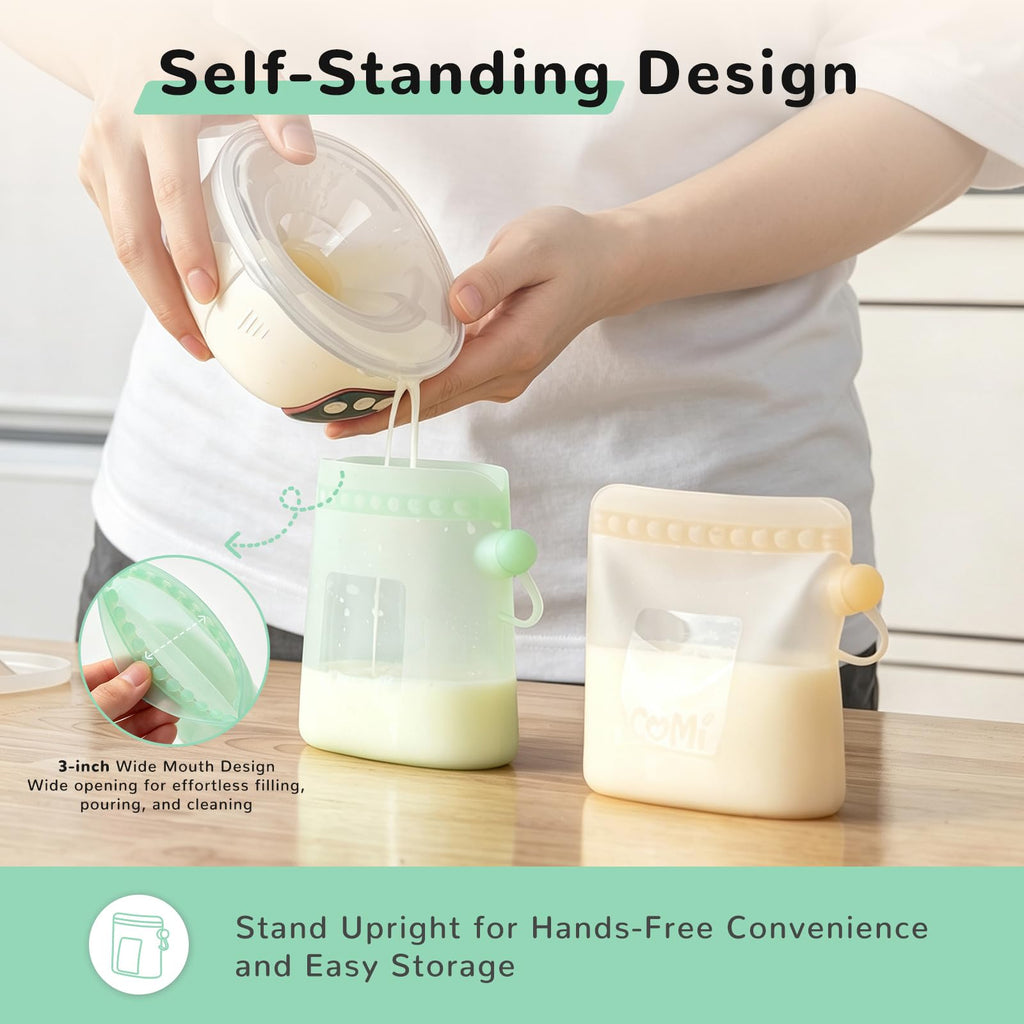 COMI Silicone Breast Milk Storage Bags Reusable, 9oz, BPA Free, 4Green