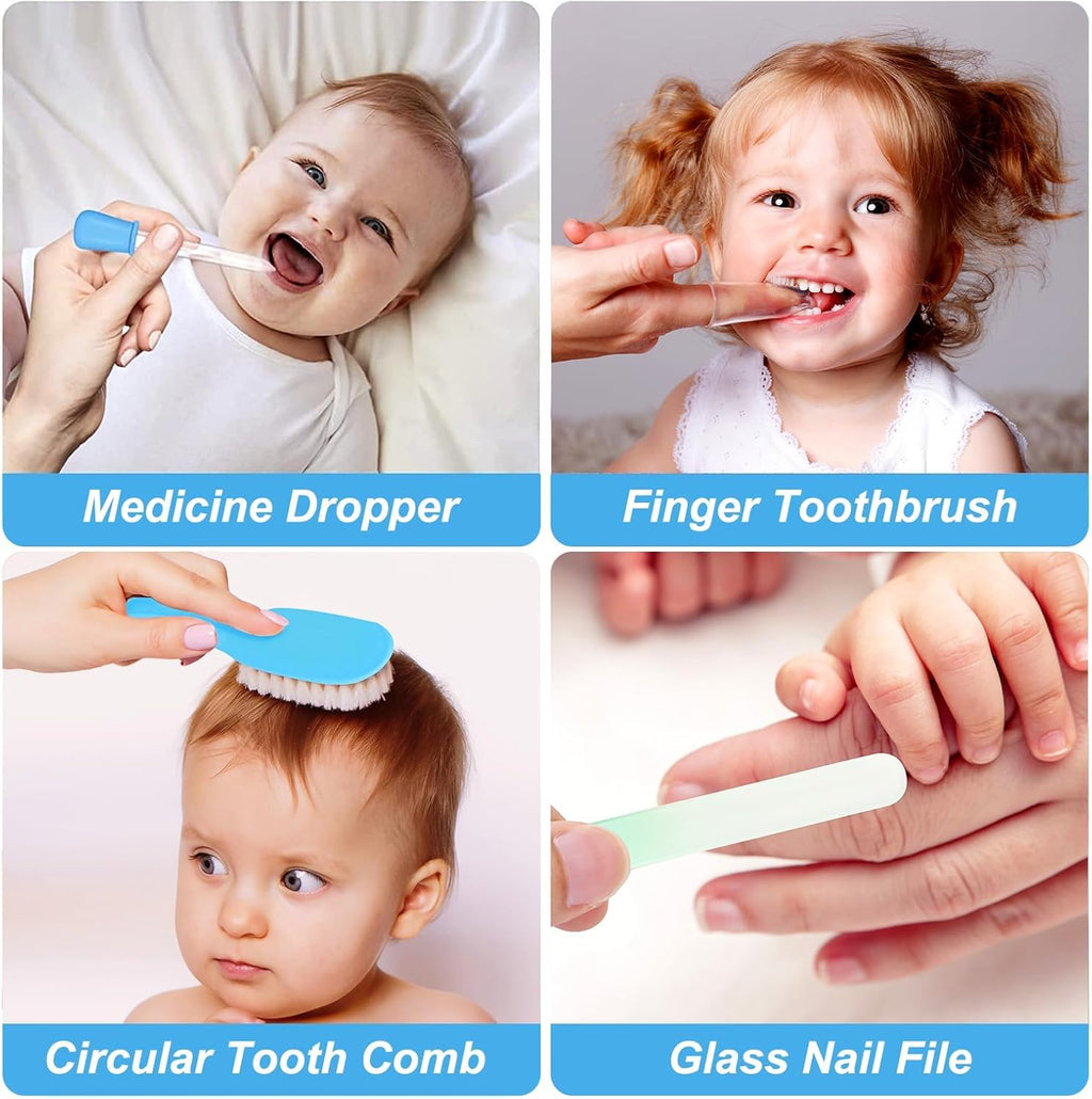 Baby Grooming Kit, Infant Safety Care Set with Hair Brush Comb Nail Clipper Nasal Aspirator,Baby Essentials Kit for Newborn Girls Boys (Grey White)
