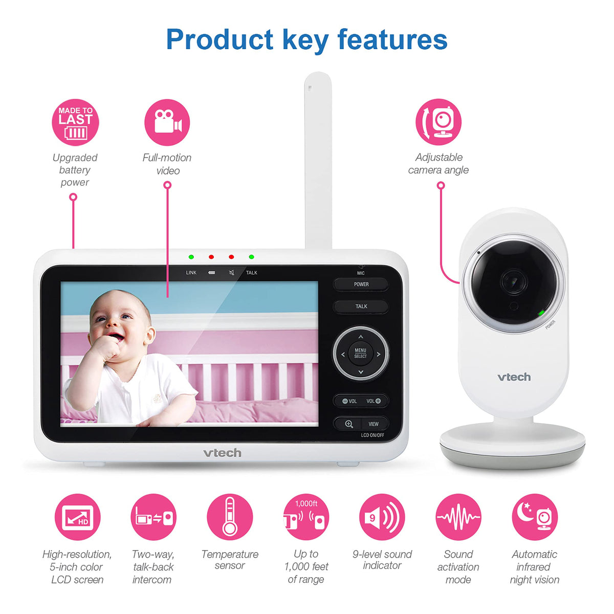 VTech Baby Monitor No WiFi – 19Hr Video Battery, 1000ft Range, Night Vision, Two-Way Talk, Temperature Sensor, Sound-Activated Screen, Lullabies | VM819