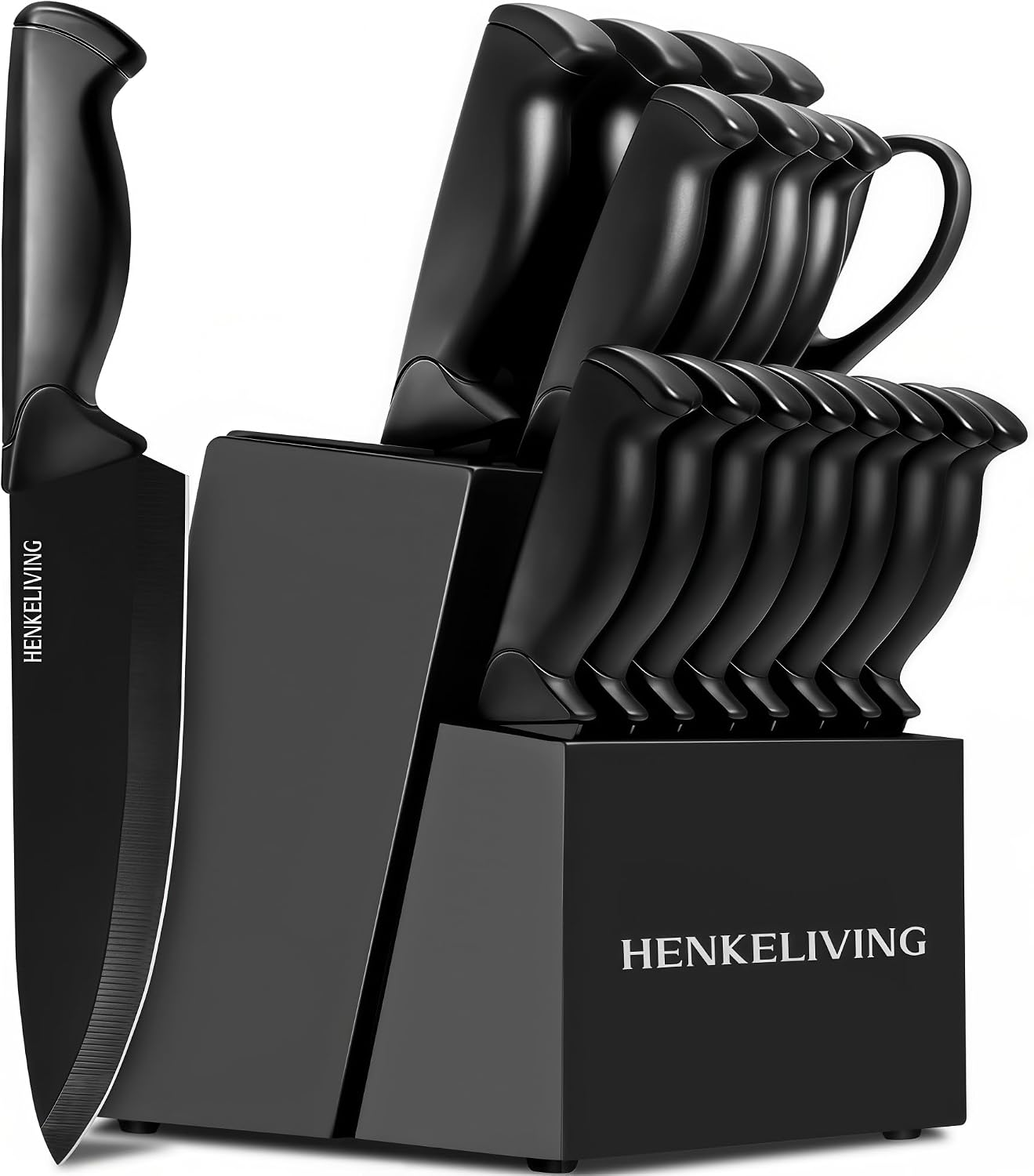 14-Piece Black Kitchen Knife Block Set with Built-In Sharpener | German high-carbon stainless steel blades, dishwasher safe, ultra-sharp edges, ergonomic non-slip handles