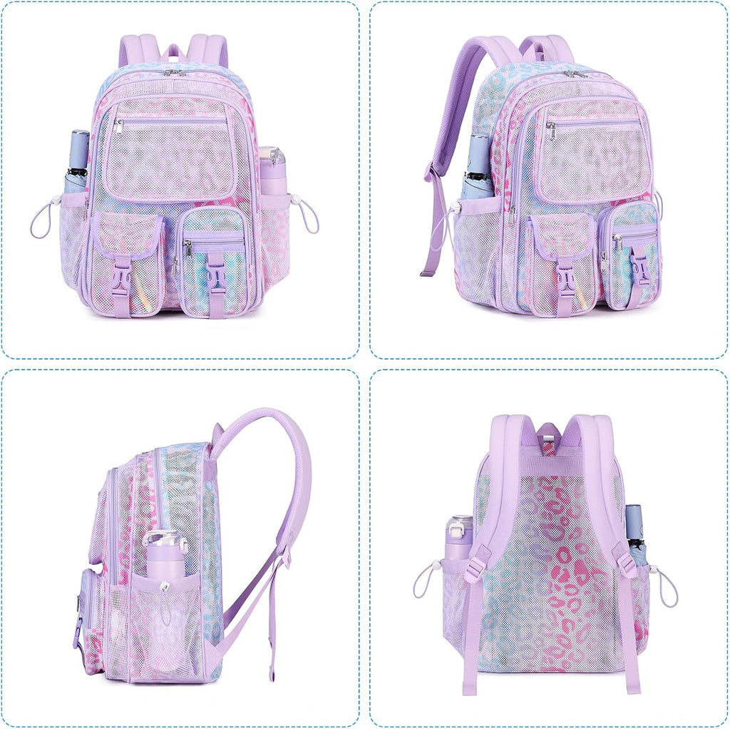 MOONBABY Mesh Backpack for School Heavy Duty See Through Net Bookbag Girls Boys Semi-Transparent Net Back Pack for Beach, Swimming, Sports, Work, Travel (Black)