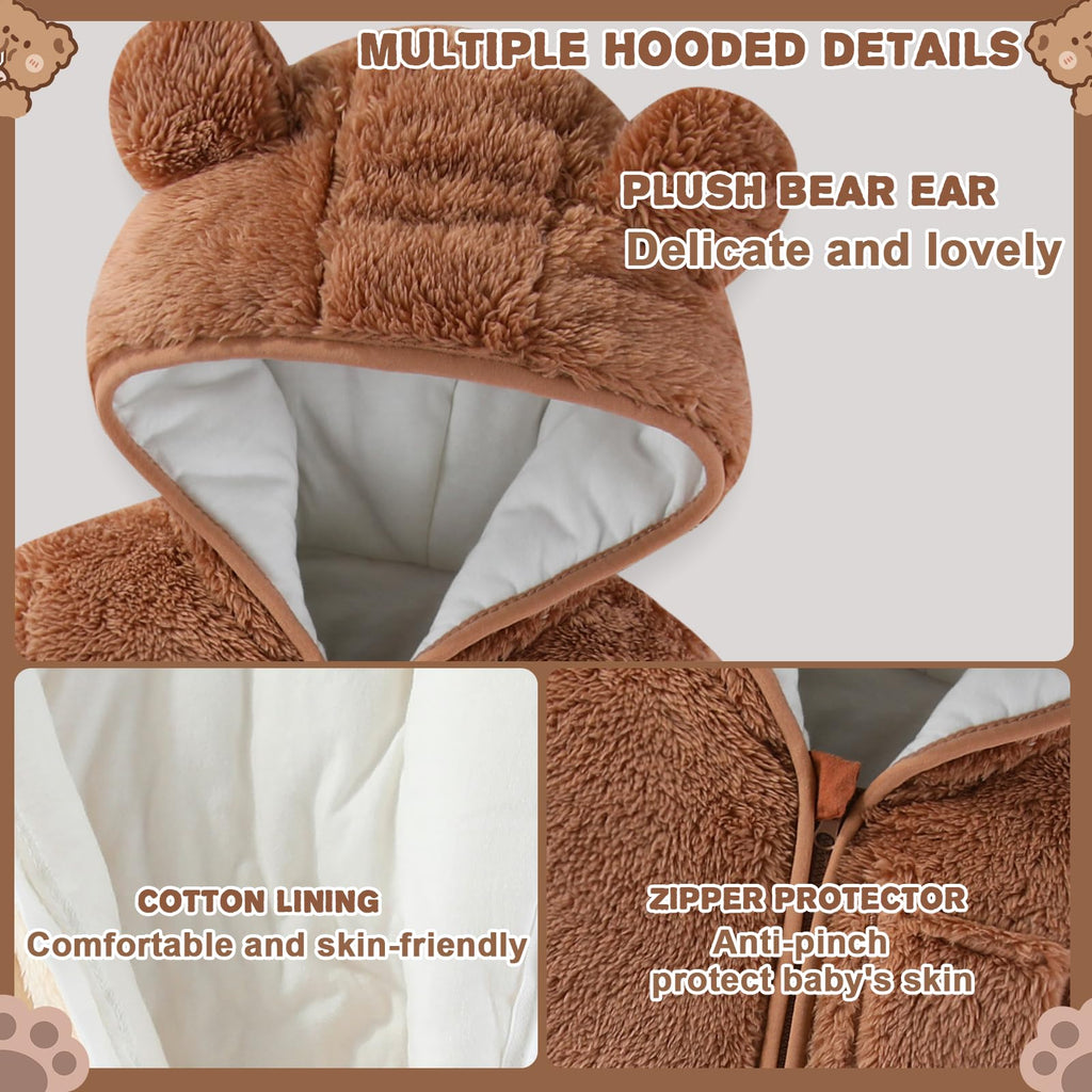 AiWMGL Newborn Baby Bear Outfit With Fold-Over Mittens and Footies Girls Boys Winter Fleece Clothes Hooded Romper Snowsuit