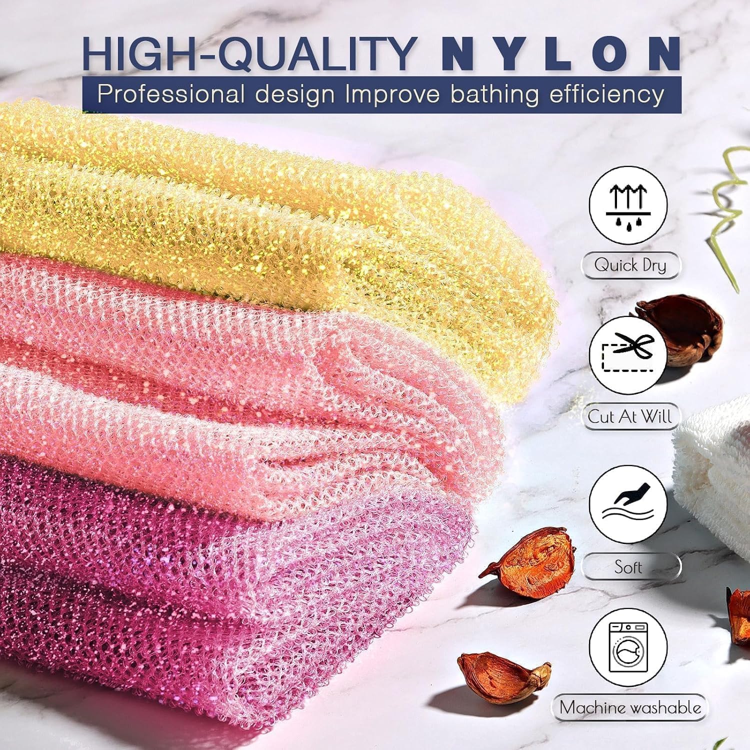 UJFQBH 3 Pack African Net Sponge, African Exfoliating Net Bath Sponge Long Net Bath Sponge Exfoliating Shower Body Scrubber Back Scrubber Skin Smoother,Great for Daily Use (Pink,Yellow,Purple)