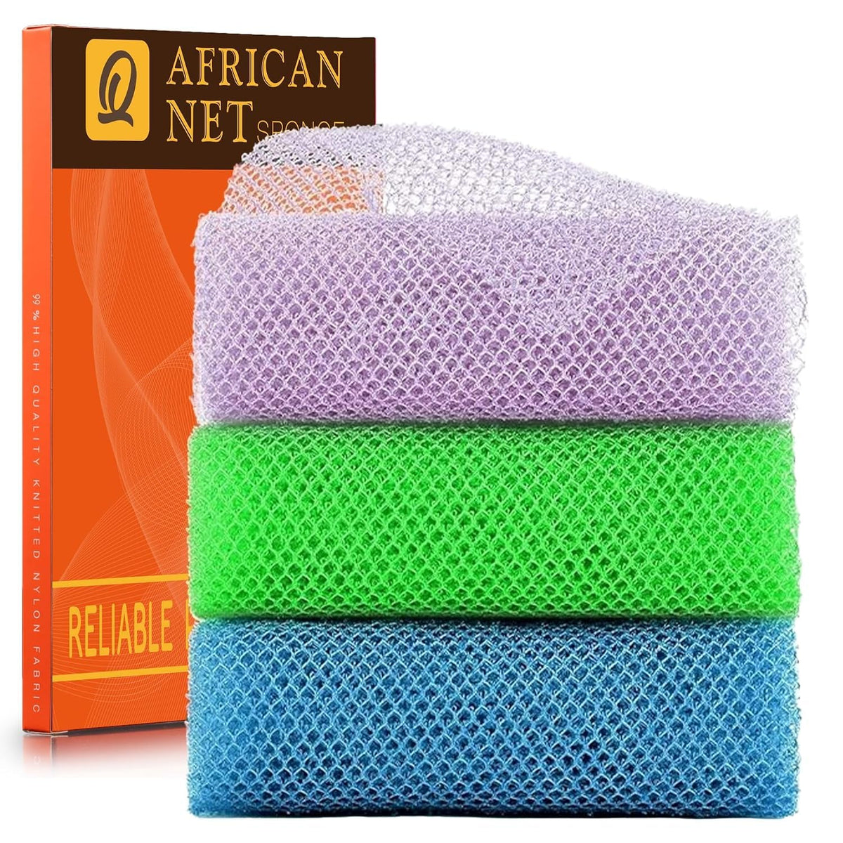UJFQBH 3 Pack African Net Sponge, African Exfoliating Net Bath Sponge Long Net Bath Sponge Exfoliating Shower Body Scrubber Back Scrubber Skin Smoother,Great for Daily Use (Pink,Yellow,Purple)